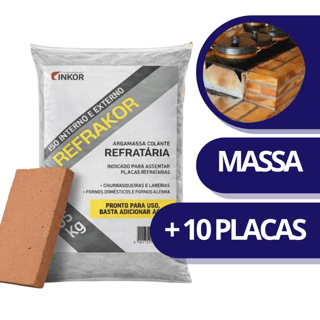 Kit 10 Plaqueta Refratária para revestimento interno de Churrasqueira Forno fogão a lenha + 1 Massa 5kg
