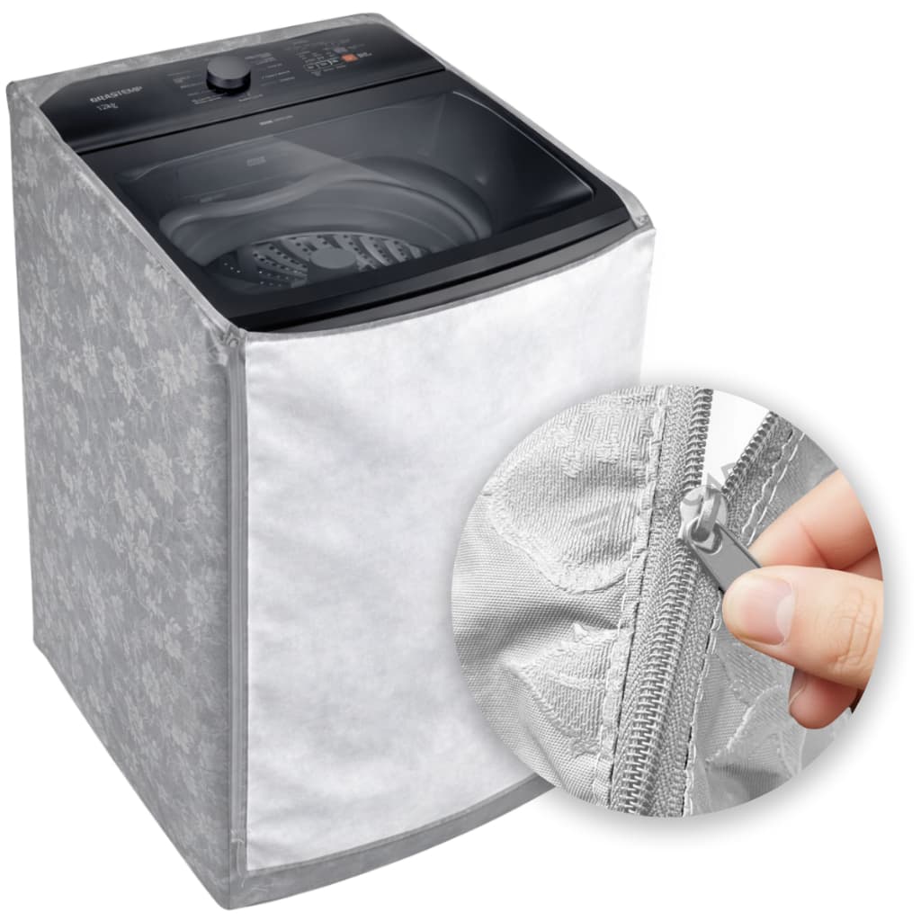 Capa impermeável cinza e branco para máquina de lavar roupas com zíper prateado