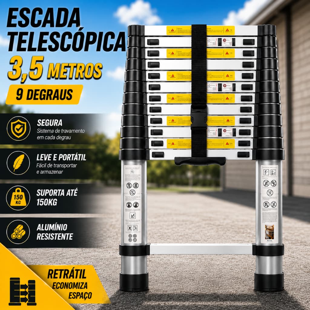 Escada telescópica de alumínio de 3,5 metros com 9 degraus, suporte até 150kg, resistente e portátil