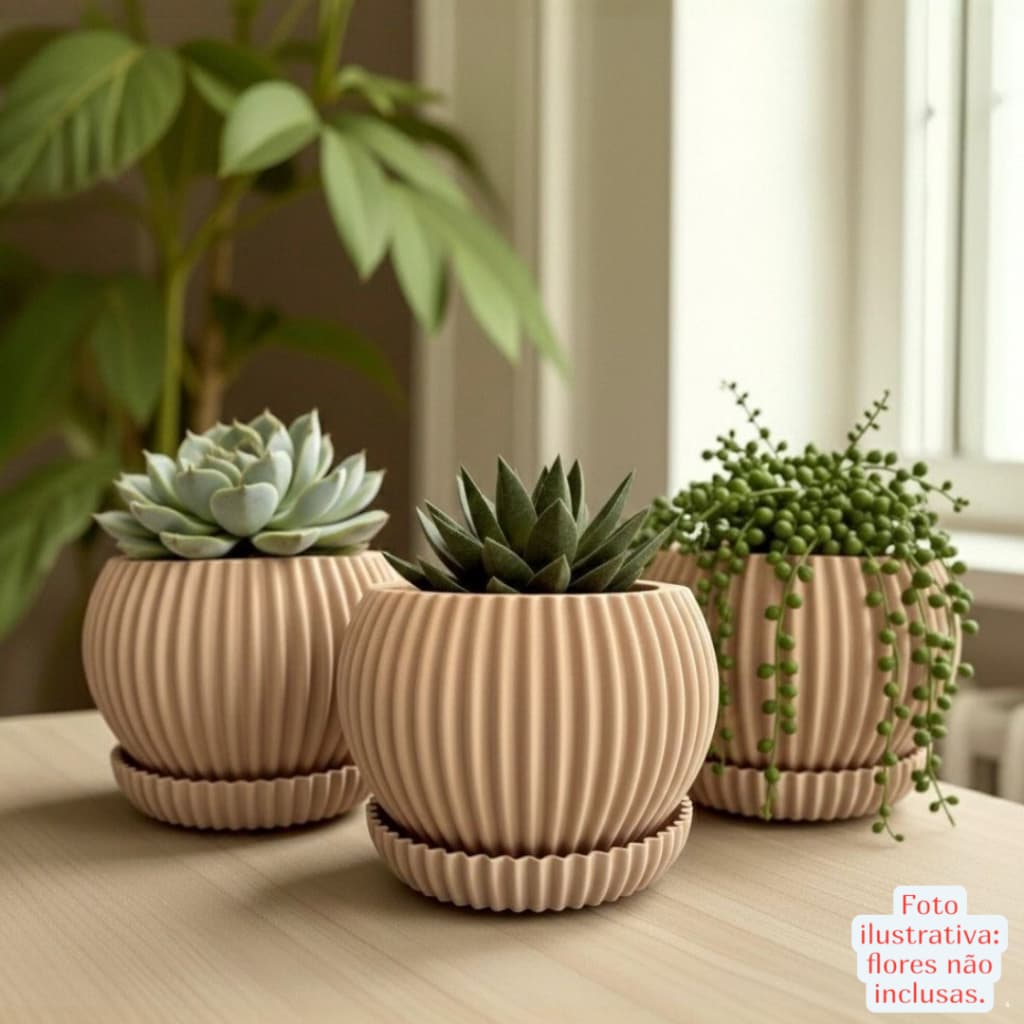 Kit de vasos decorativos para suculentas em marrom claro com detalhes em relevo