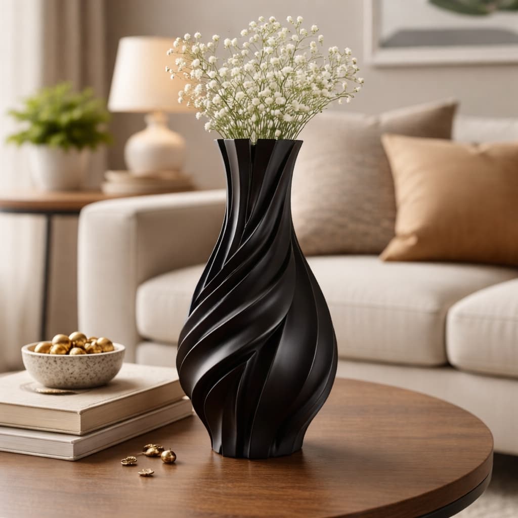 Vaso decorativo moderno preto minimalista em centro de mesa com flores brancas