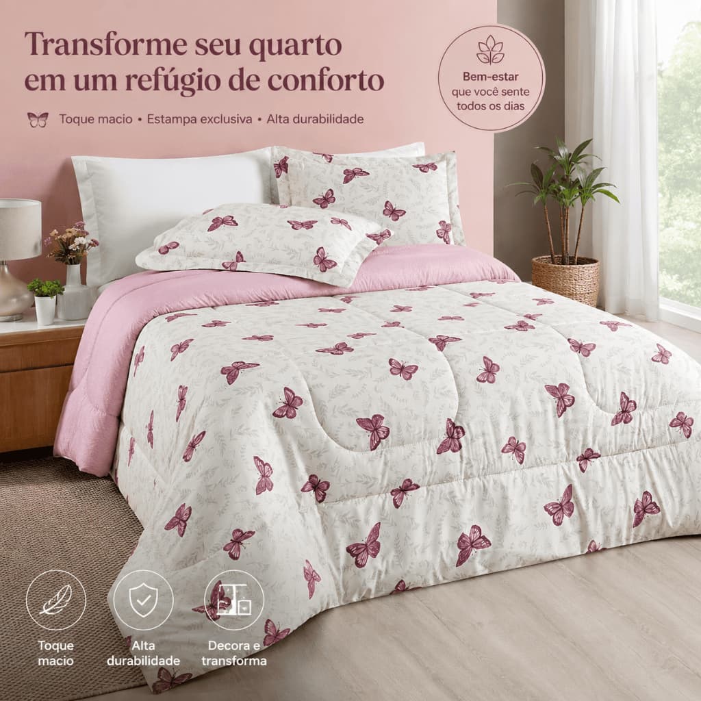 Kit Edredom Floral com Borboletas em Branco e Rosa, 3 Peças, Toque Macio, Alta Durabilidade