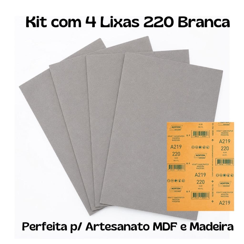 KIT c/4 Lixas Brancas Grão 220 p/ Madeira e MDF Norton