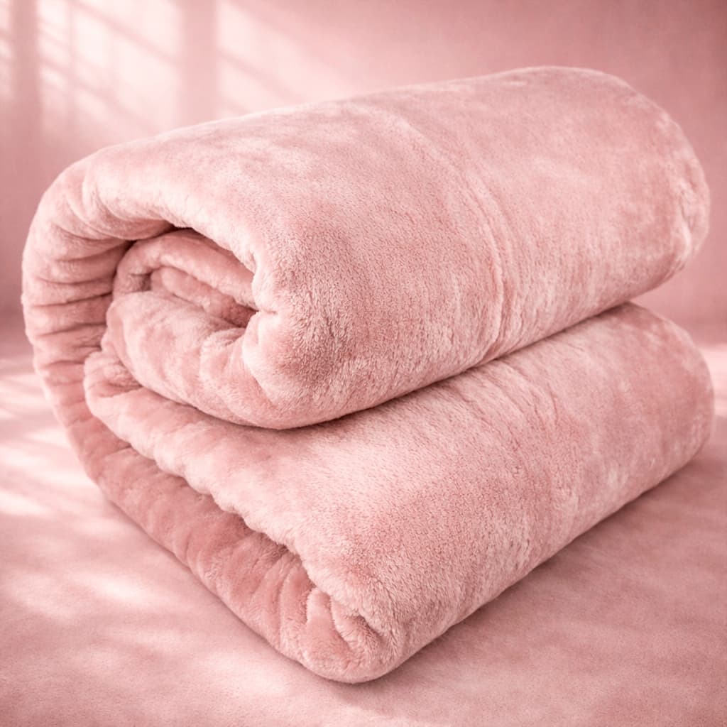 Dois cobertores rosa claro super macios e fofos em posição dobrada sobre um fundo rosa claro