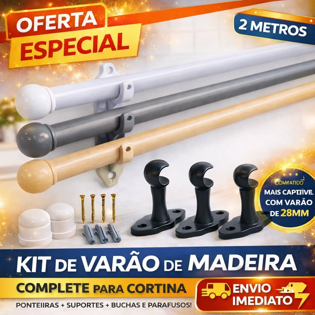 Kit de varão de cortina de madeira simples 2,00 metros com suportes e ponteiras
