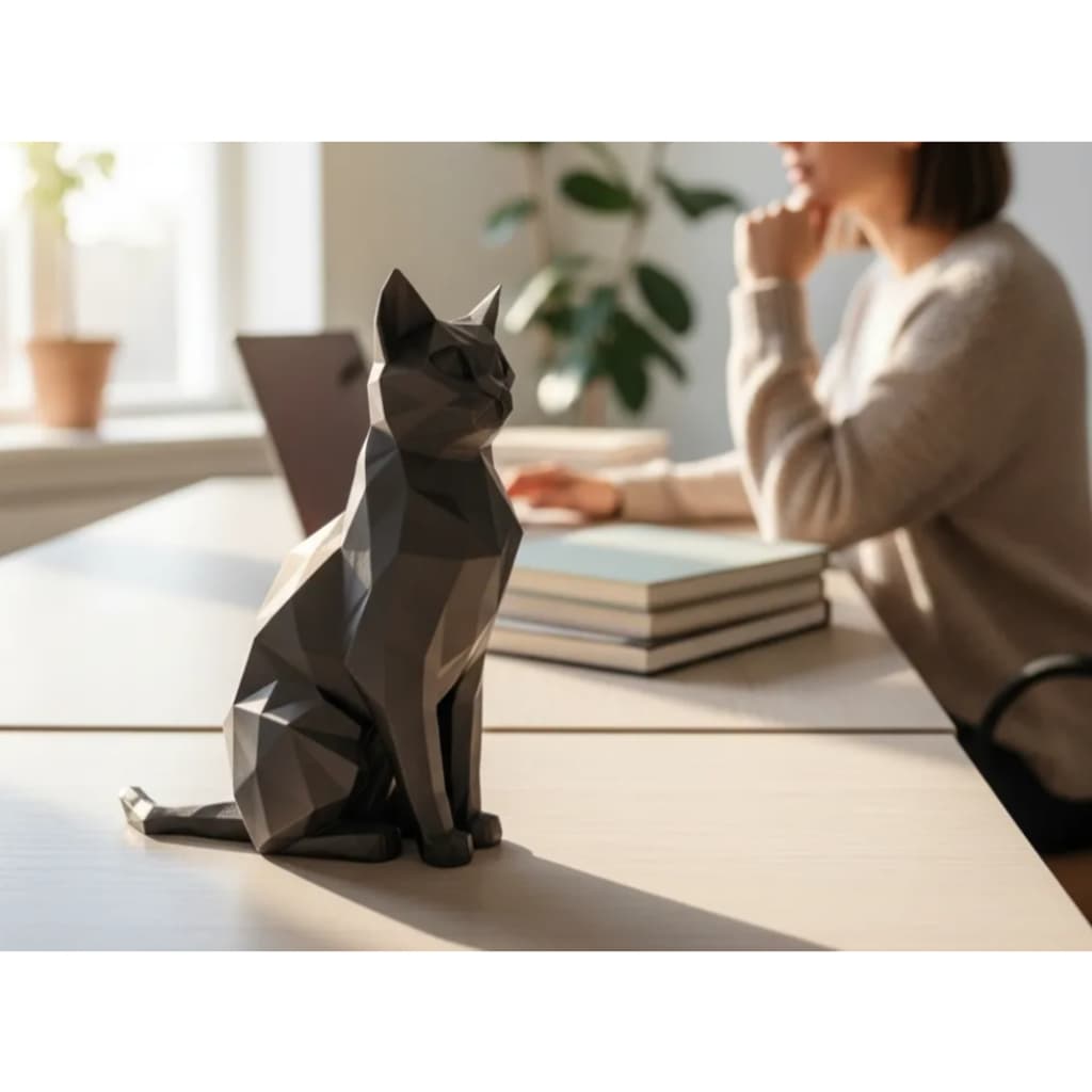 Escultura Gato Elegante Low Poly – Arte Decorativa Moderna para Casa, Escritório e Home Office