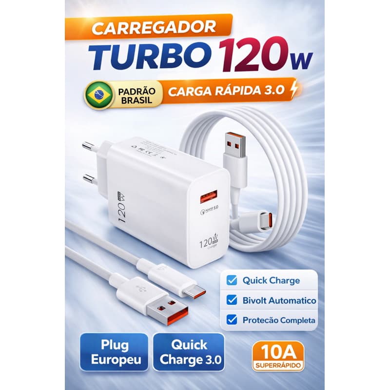 Carregador Turbo 120W USB + Tipo C Pino Europeu (Brasil) Carga Rápida 3.0 Xiaomi Redmi Note 11 12 Pro Plus Mi 13 14+Cabo