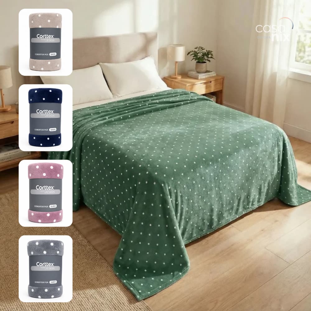 Cobertor Corttex Casal Microfibra Flannel Poá Toque de Seda Ultra Soft e Quentinho Antialérgico verde com bolinhas brancas