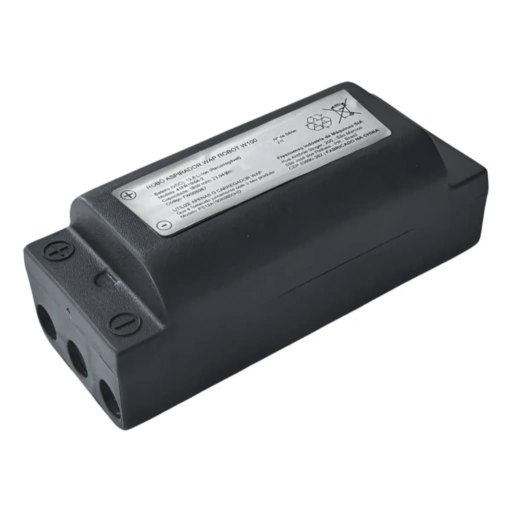 Bateria para robô aspirador WAP W100, preta, com etiqueta branca e três conectores.