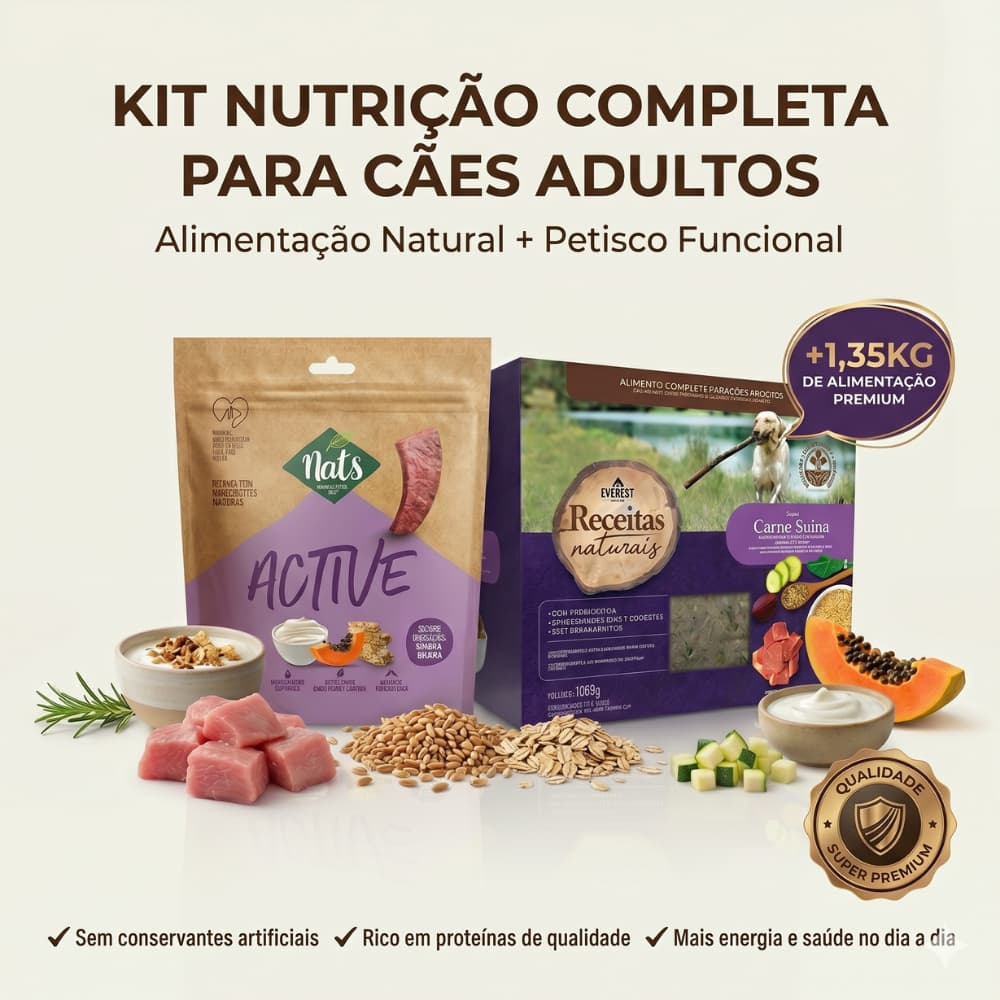 Ração Natural para Cães Adultos + Bifinho Funcional | Kit Premium 1,35kg Ração Úmida Everest + Nats Active 300g