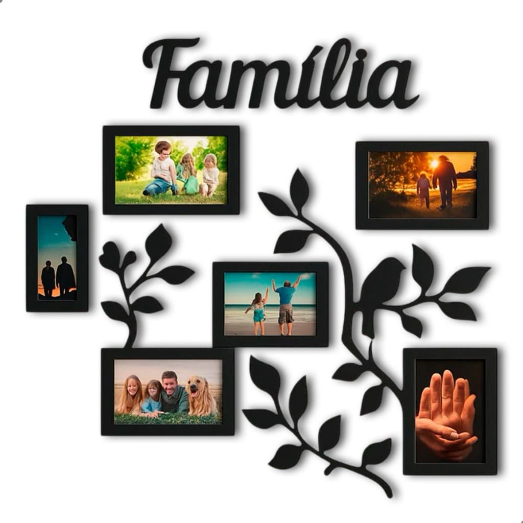 Painel Porta-Retrato de Parede Tema Família MDF com 6 Porta Retrato Fotos Galhos Decorativo Ambiente