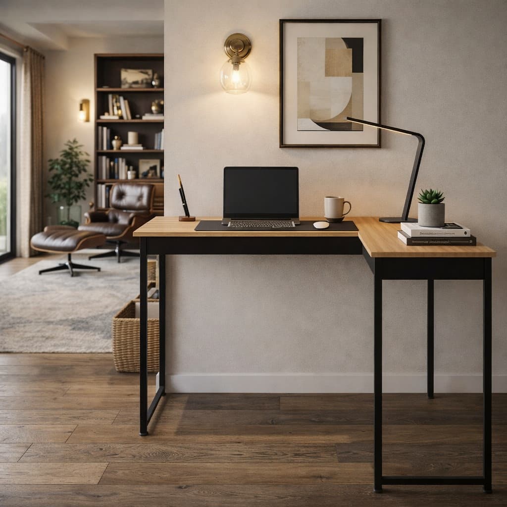 Escrivaninha em L Moderna com Espaço Amplo para Setup Completo, Ideal para Home Office e Estudos