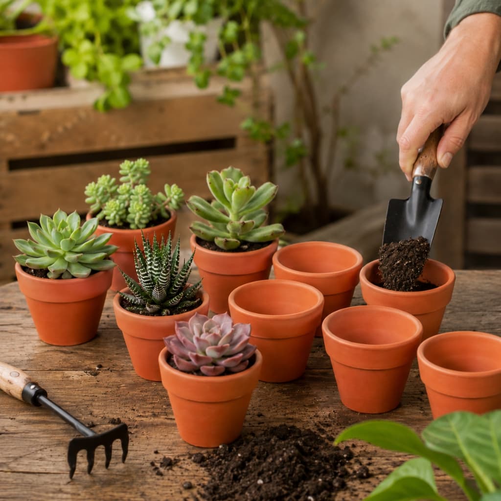Vasos de terracota com suculentas sendo plantados em um ambiente de jardinagem