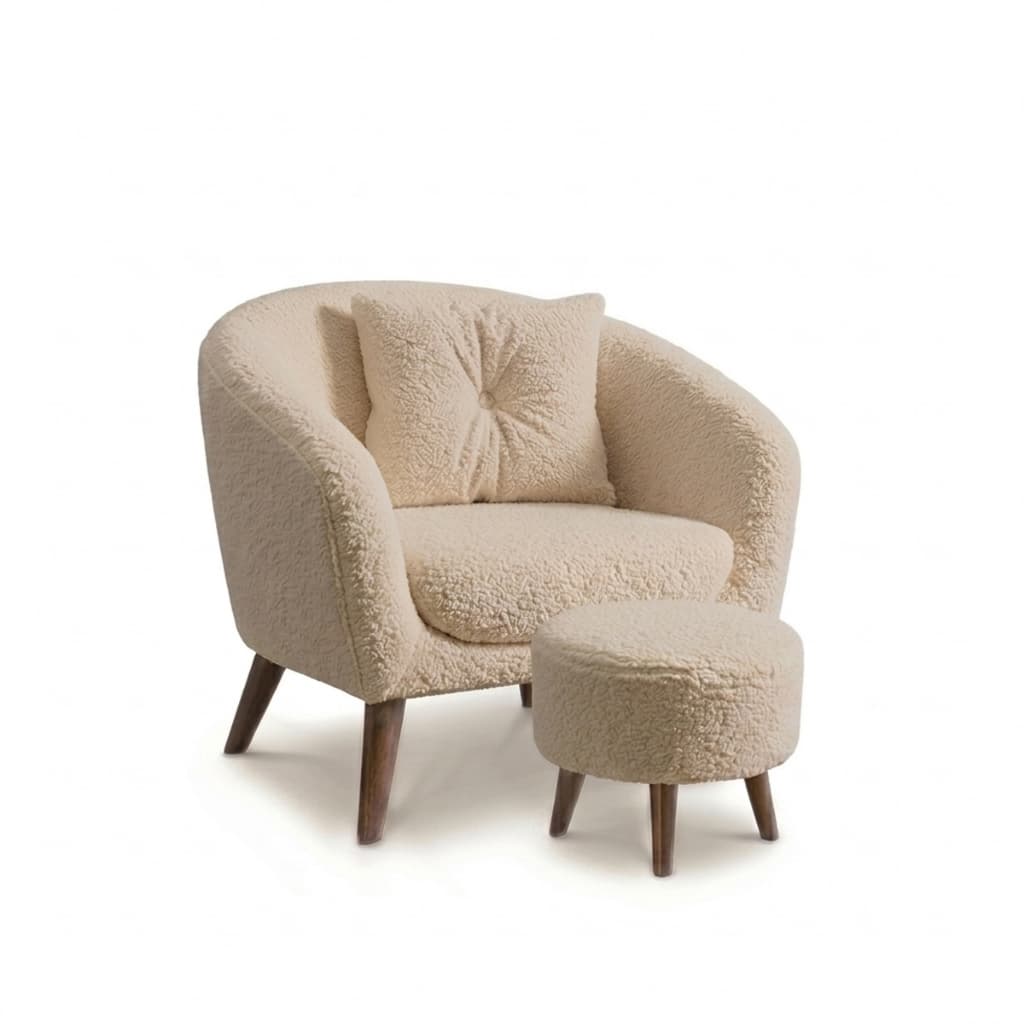 Kit Poltrona Pé Palito e Puff Retrô em Tecido Bouclê Decorativa Confortável Leitura Para Sala Auria