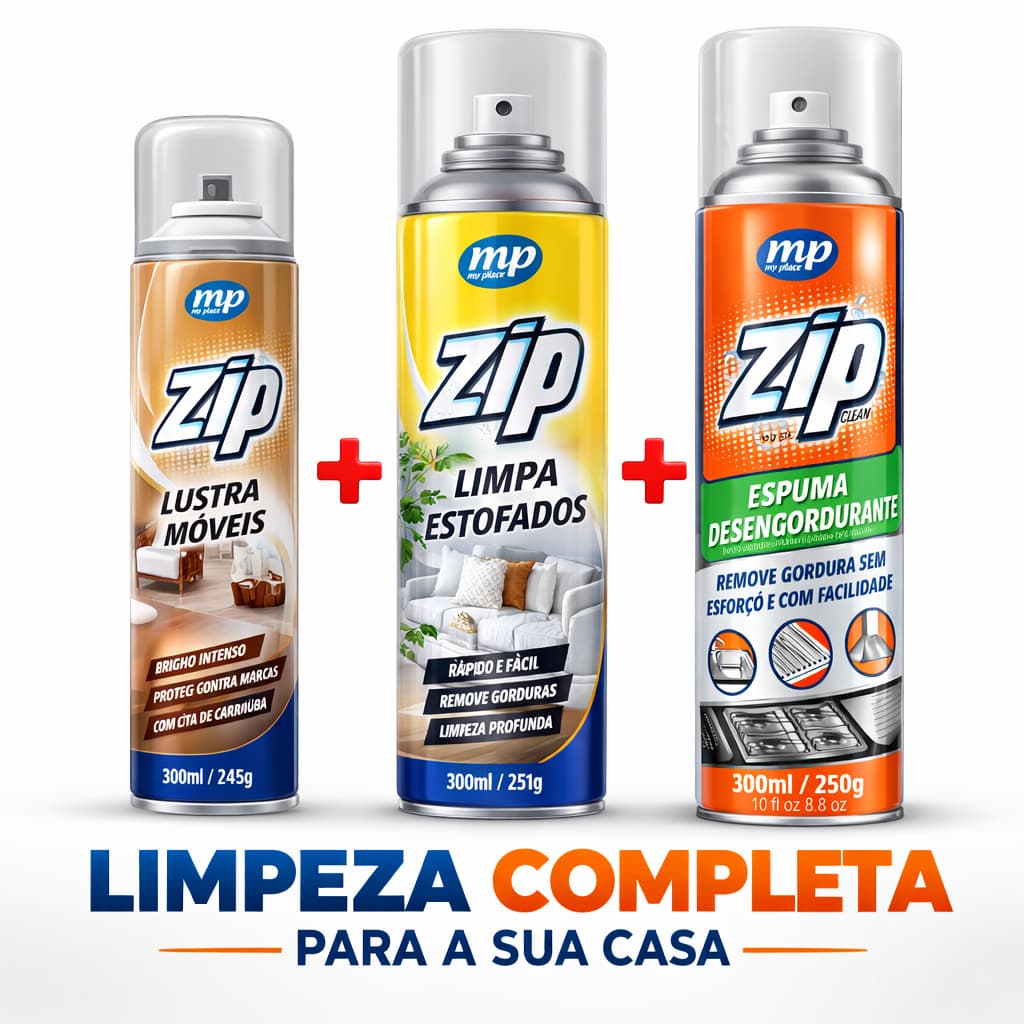 Kit Limpeza Completa ZIP –Limpa Estofados, Lustra Móveis e Desengordurante | Kit Produtos de Limpeza para Casa Econômico