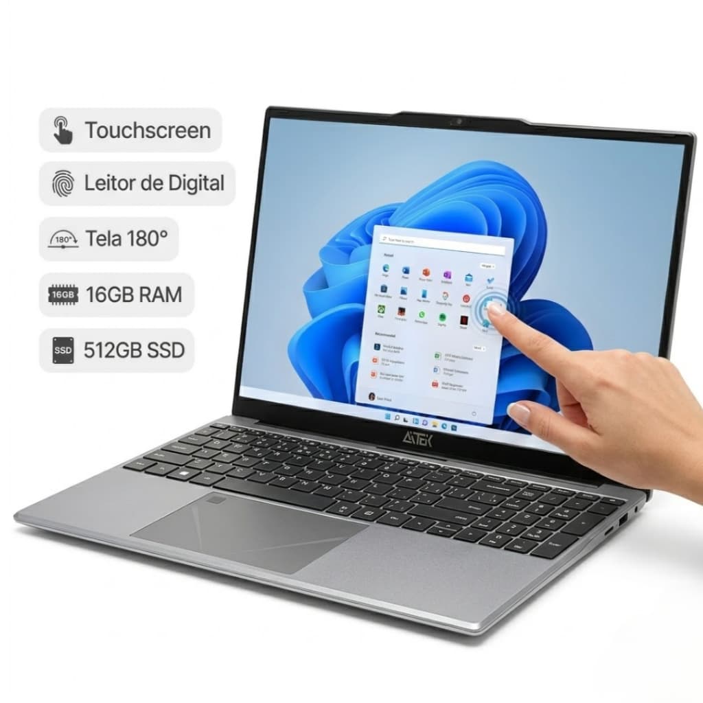 Notebook Aitek 15.6'' com tela touch Full HD IPS, 16GB RAM, 512GB SSD, processador Intel N5095, Windows 11 Pro
