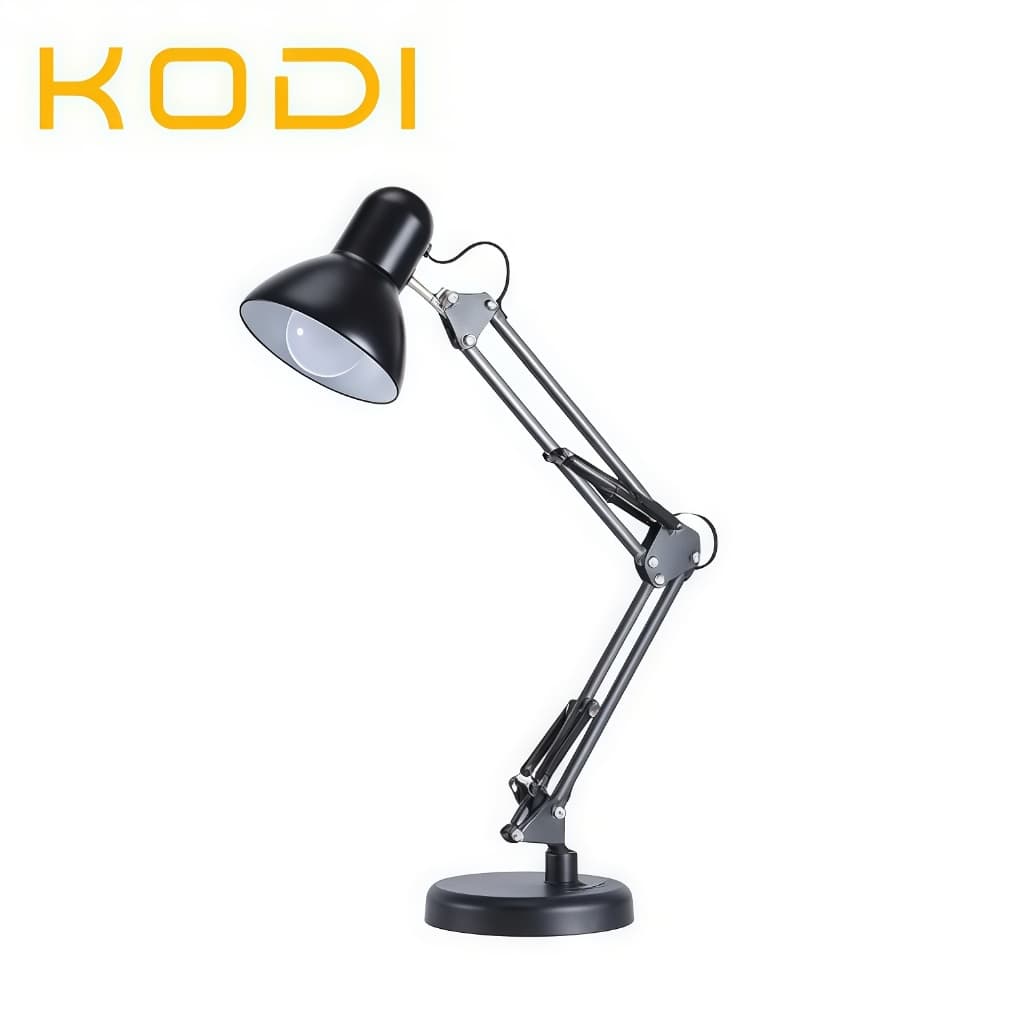 Luminária de mesa articulada preta e prata com abajur dobrável, fundo branco, texto 'KODI' amarelo