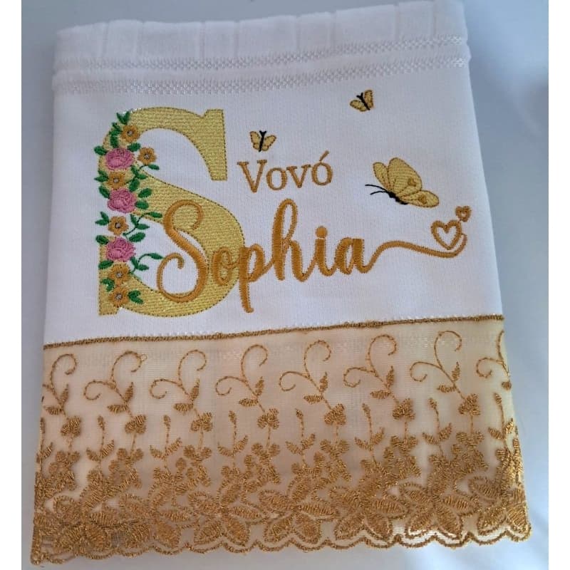 Toalha de mão bordada personalizada com nome e flores em dourado
