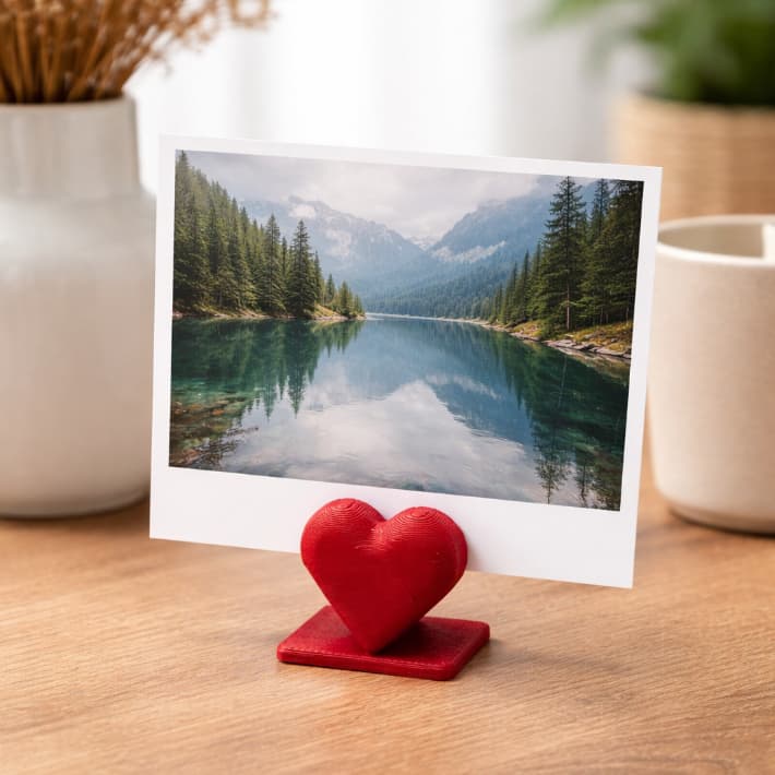 Porta fotos em forma de coração vermelho com paisagem de lago e montanhas