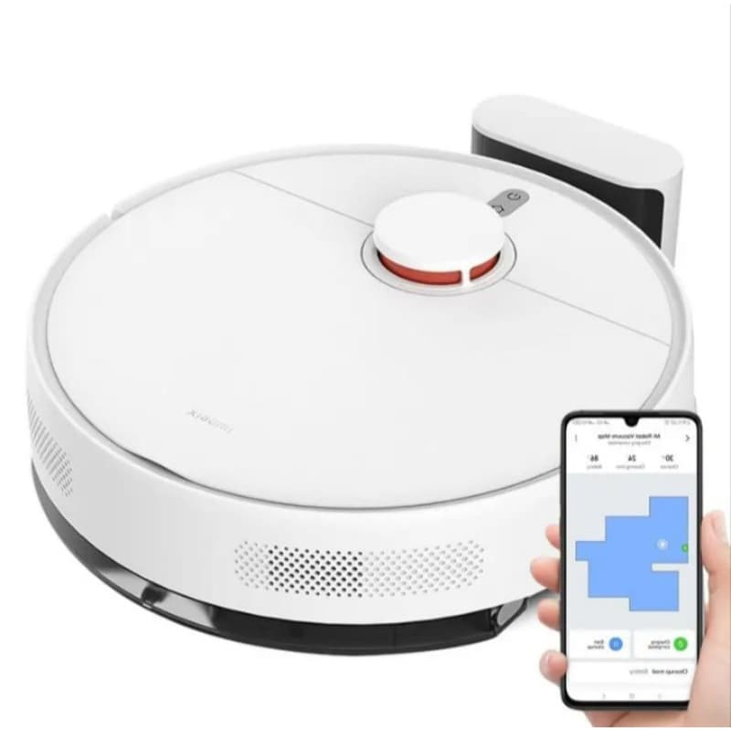 Robô aspirador branco com controle de smartphone, interface de mapeamento