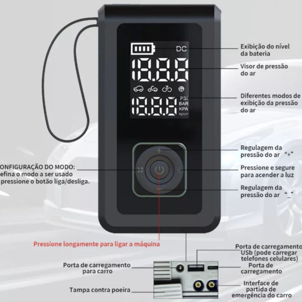 Calibrador Compressor E Bomba De Ar Com Auxiliar De Partida Nomad Bivolt, dispositivo preto com tela digital e botão central.