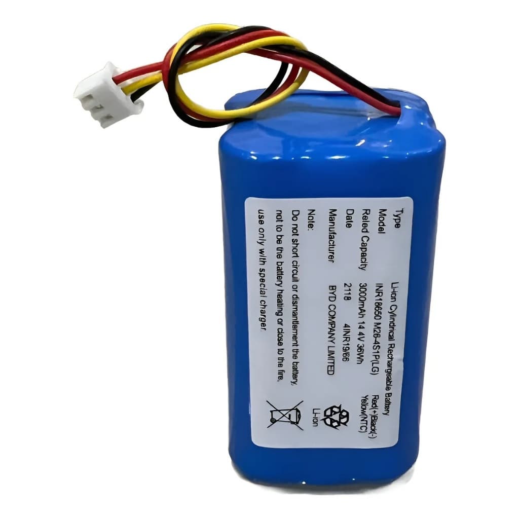 Bateria de íon de lítio de 3000mAh para robô aspirador, azul, com conectores multicoloridos e etiqueta técnica.