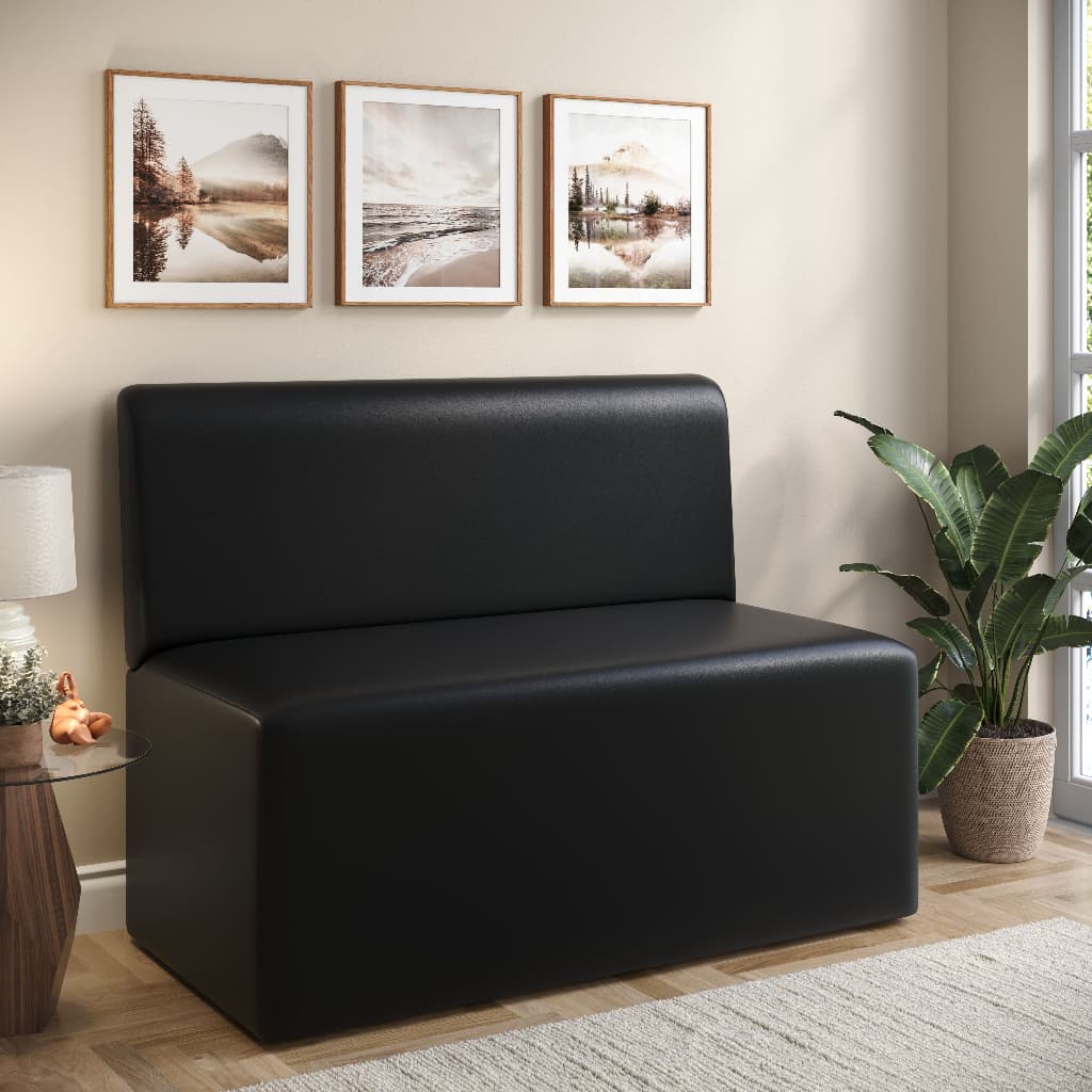 Sofá Booth Madri Preto Estofado Corino Namoradeira Banco 2 Lugares Compacto Moderno Sala Estar Apartamento Recepção