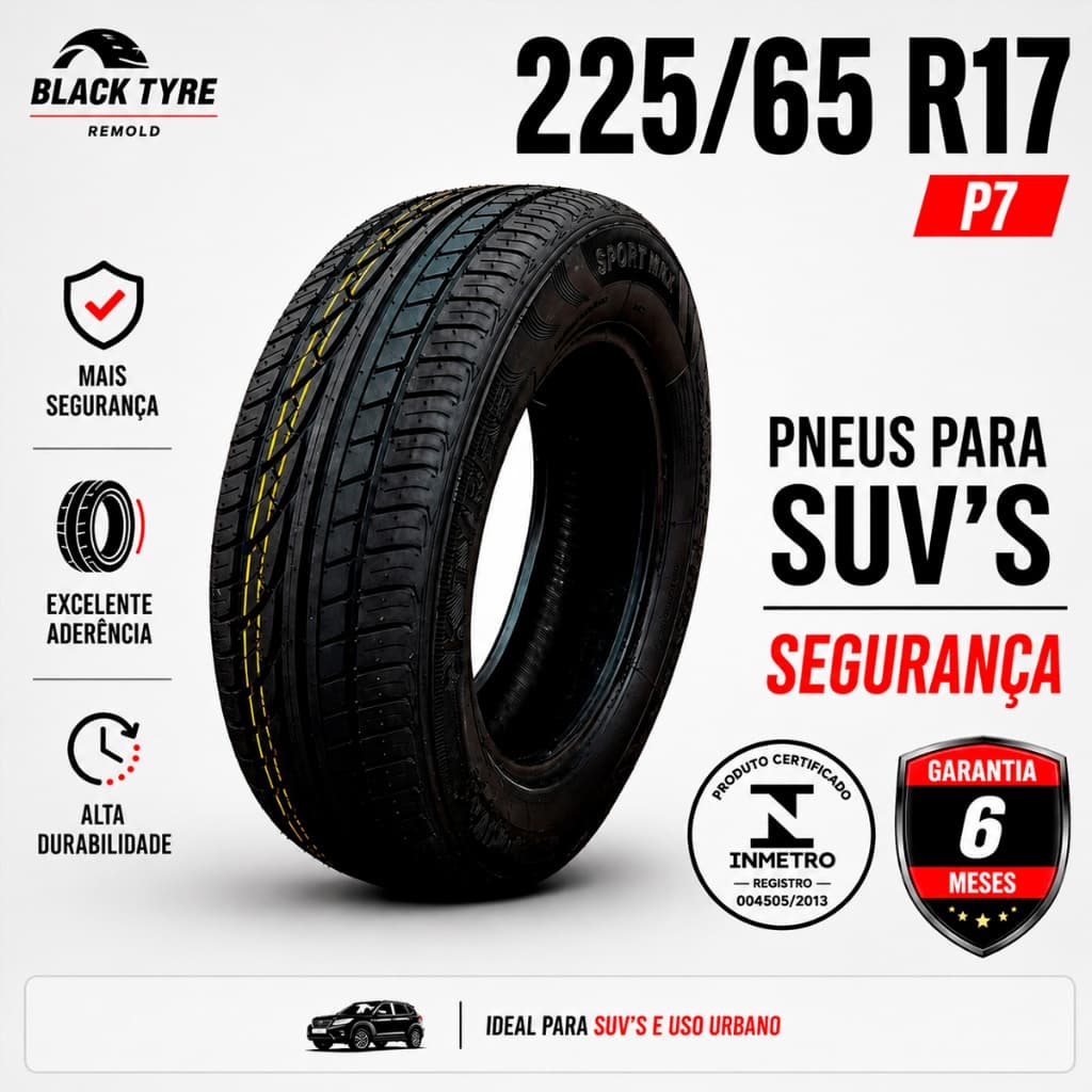 Pneu Remold 225/65 R17 Black Tyres P7 Aro 17 Com Garantia e selo do Inmetro