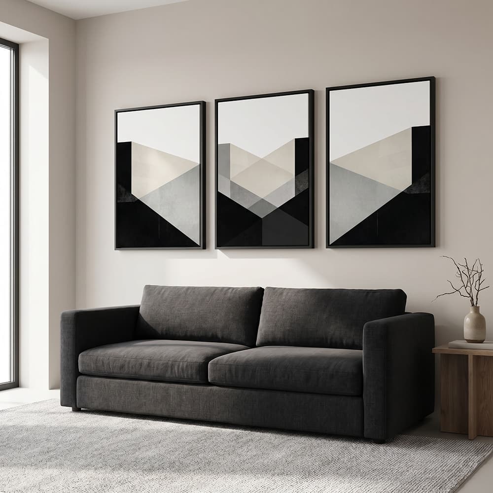 Quadros decorativos geométricos modernos cinza e branco para sala de estar