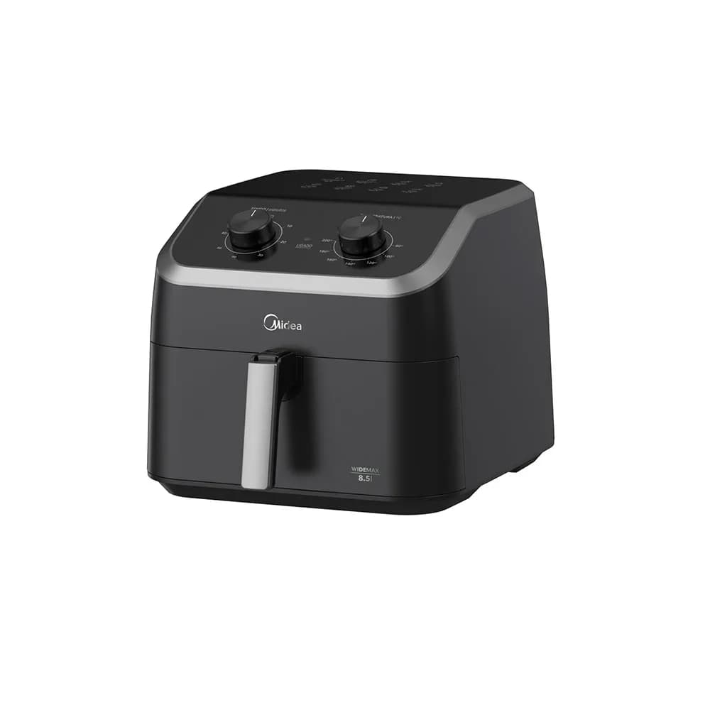Fritadeira Air Fryer Widemax Midea 8,5L, Preto, ângulo frontal, fundo branco, controles e alça visíveis.