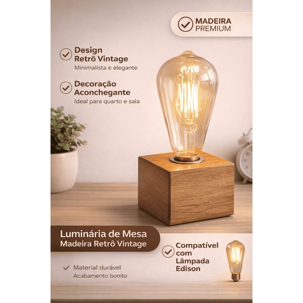 Luminária de mesa retrô vintage em madeira com luz acesa