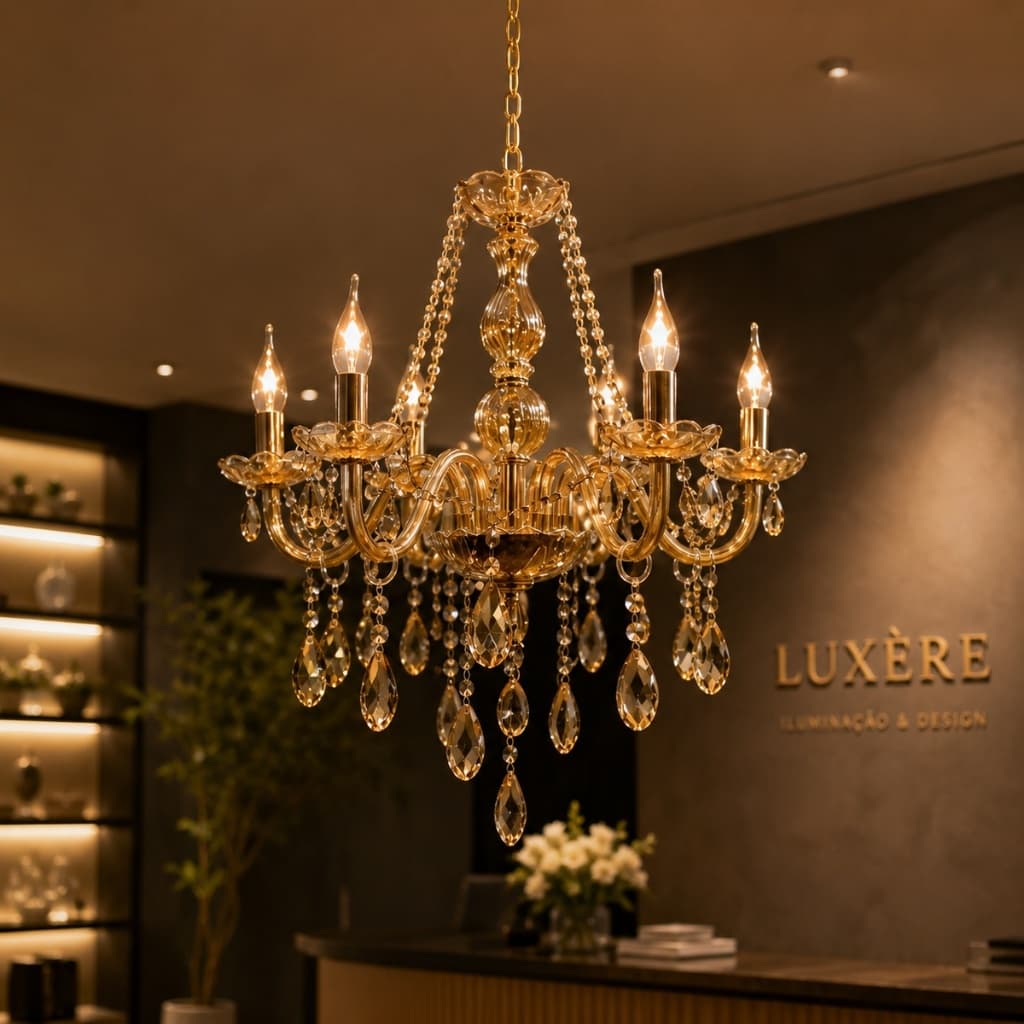 Luminária de cristal luxuosa com seis braços, champanhe, iluminada, em ambiente sofisticado