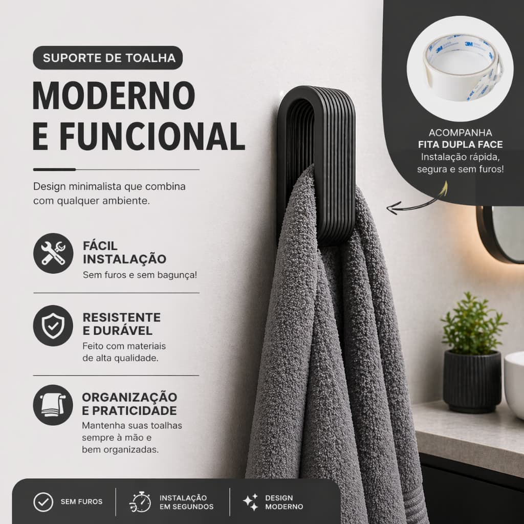 Suporte de toalha de banheiro moderno, fácil instalação, resistente e durável, com gancho preto e toalha cinza.