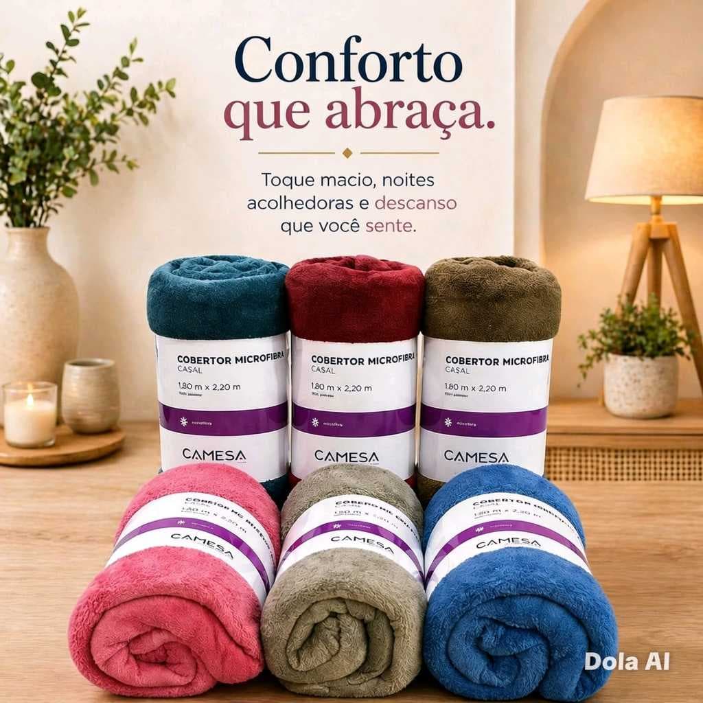 Seis mantas cobertores casal Camesa em microfibra premium, cores variadas, sobre mesa de madeira com decoração acolhedora.