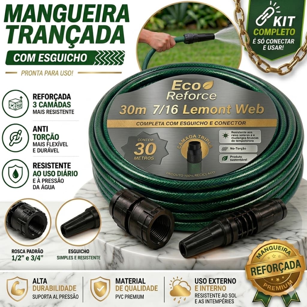 Mangueira de jardim 30m resistente com esguicho e conectores pretos, resistente ao uso diário e à pressão da água.