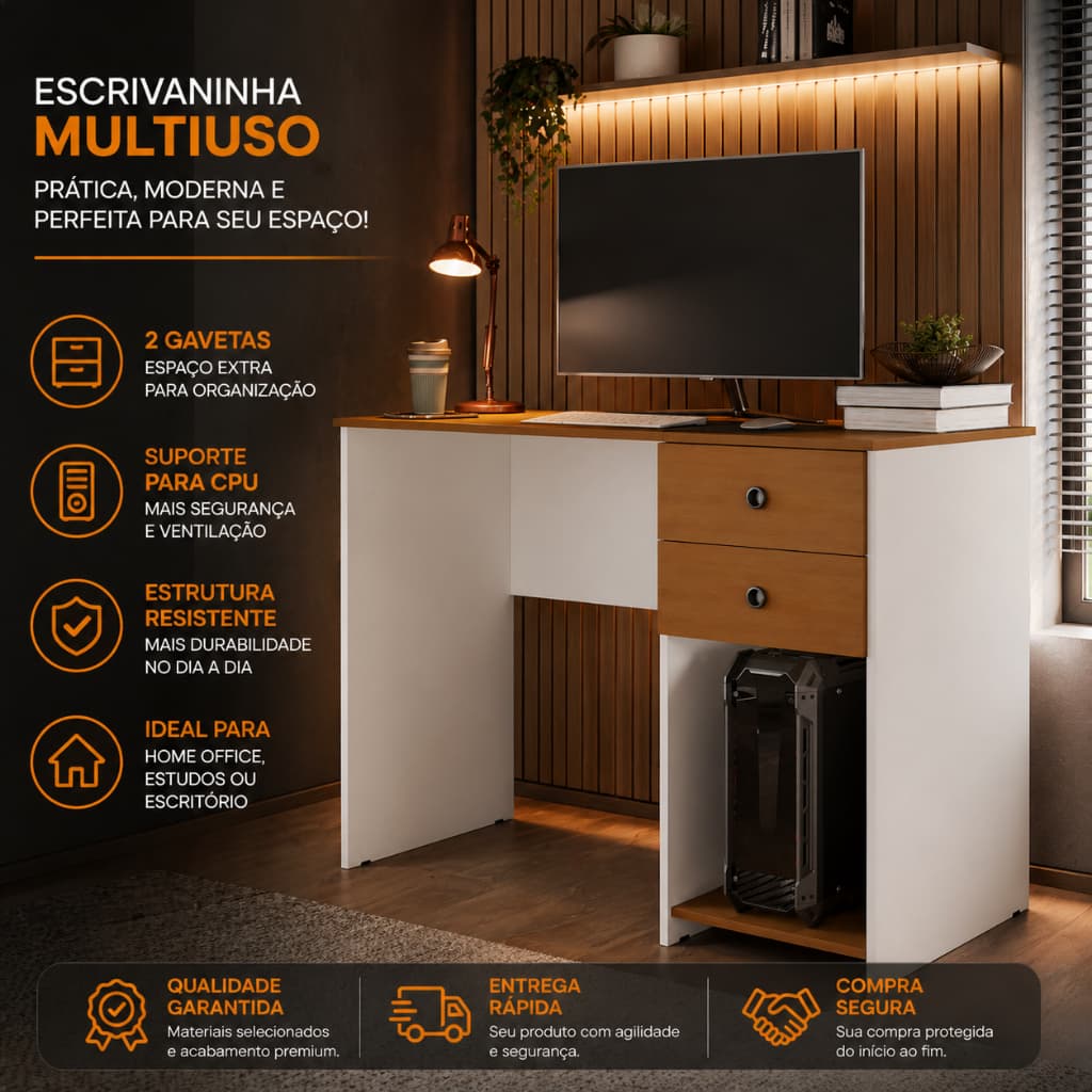Escrivaninha multiuso com suporte para CPU, gavetas e monitor. Ideal para escritório e estudos.