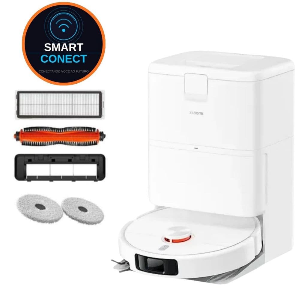 Robô aspirador H50 Mop Giratório com lavagem automática, fundo branco, acessórios visíveis.