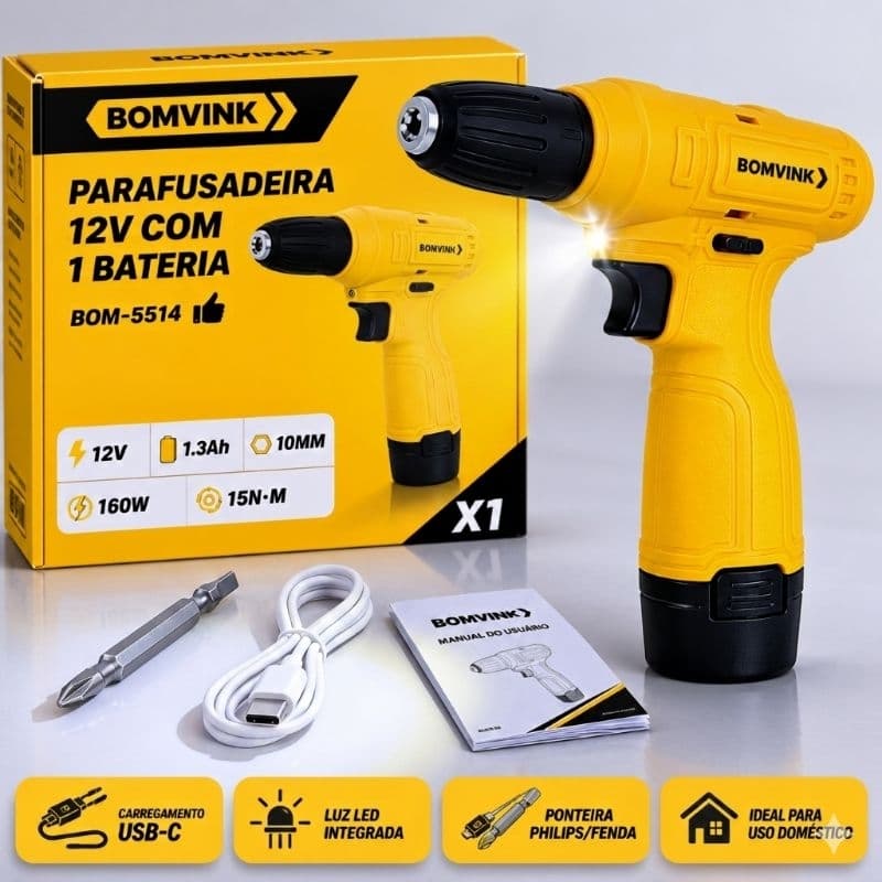 Parafusadeira Sem fio/Parafusadeira a bateria 12v/Carregamento Tipo-C Bivolt