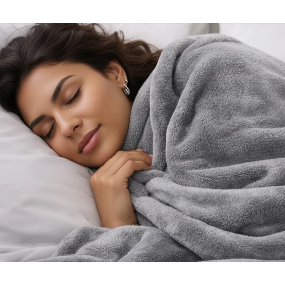 Mulher dormindo com cobertor de microfibra cinza antialérgico