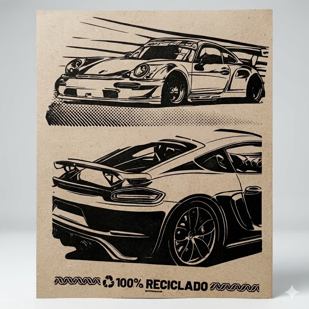 Arte em preto e branco de carros esportivos em papel kraft reciclado