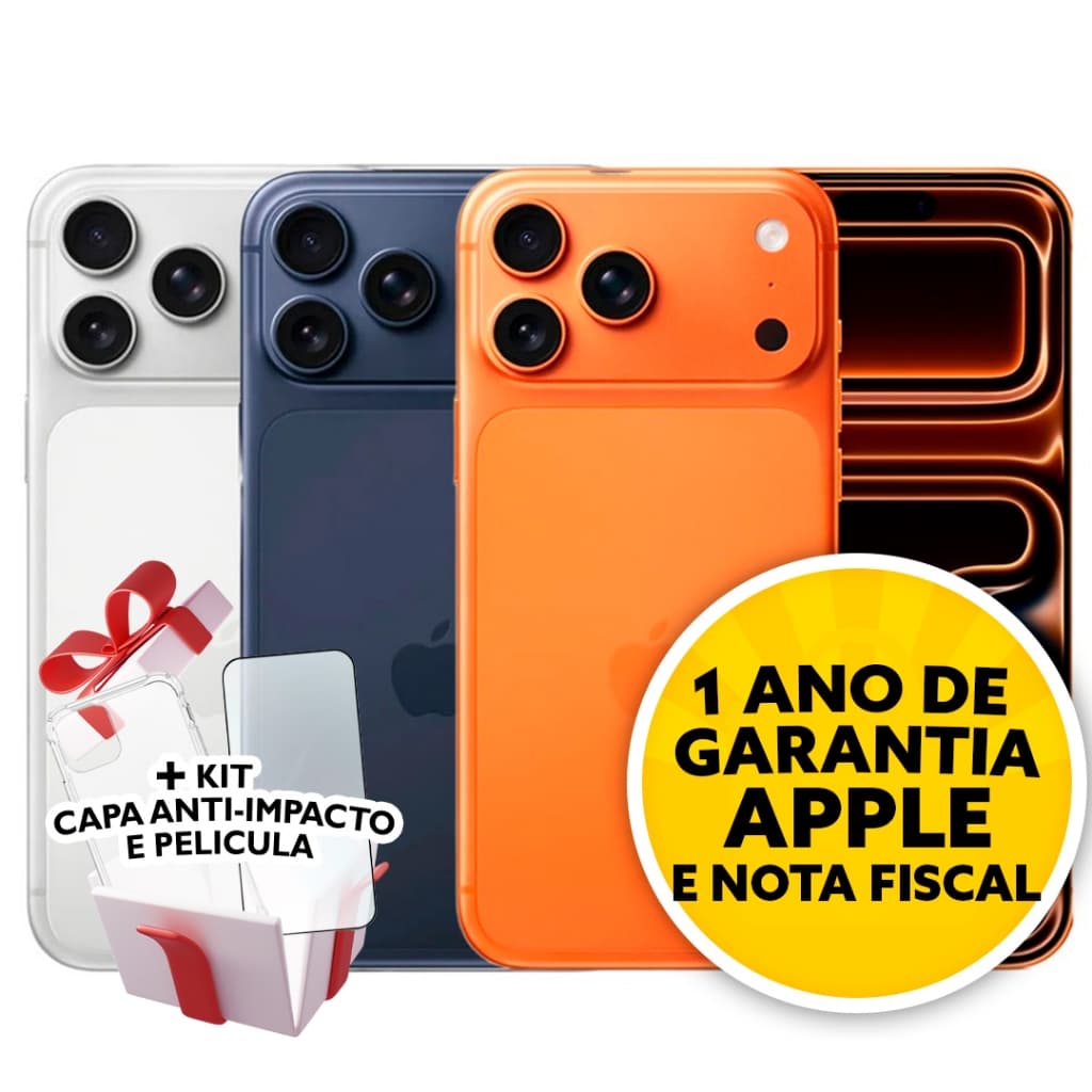 iPhone 17 Pro e Pro Max 256GB 5G lacrado com 1 ano de garantia e kit anti-impacto