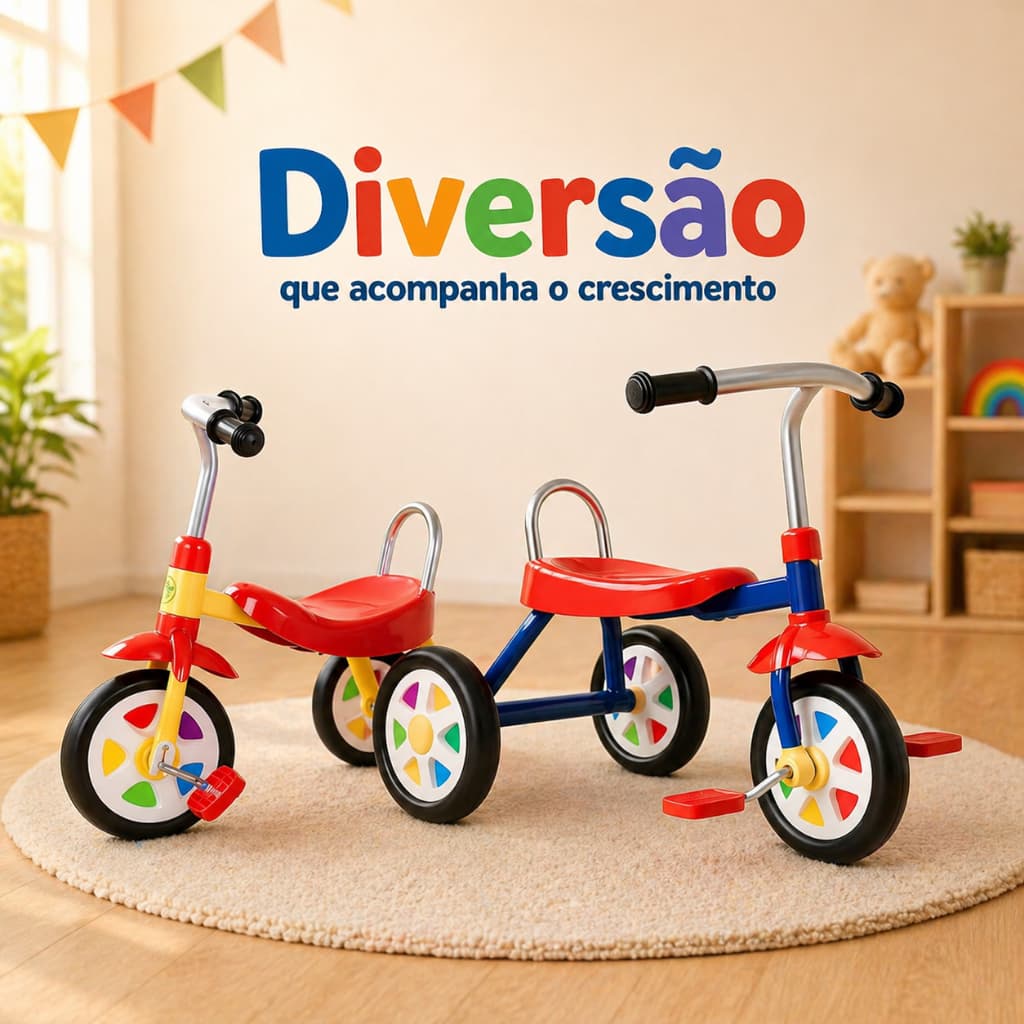 Duas triciclos para crianças vermelho e azul com rodas antiderrapantes em um ambiente de madeira
