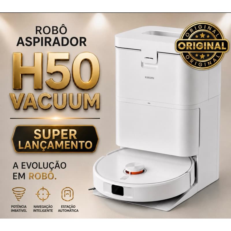 Robô aspirador H50 branco com design elegante e ícones de navegação inteligente