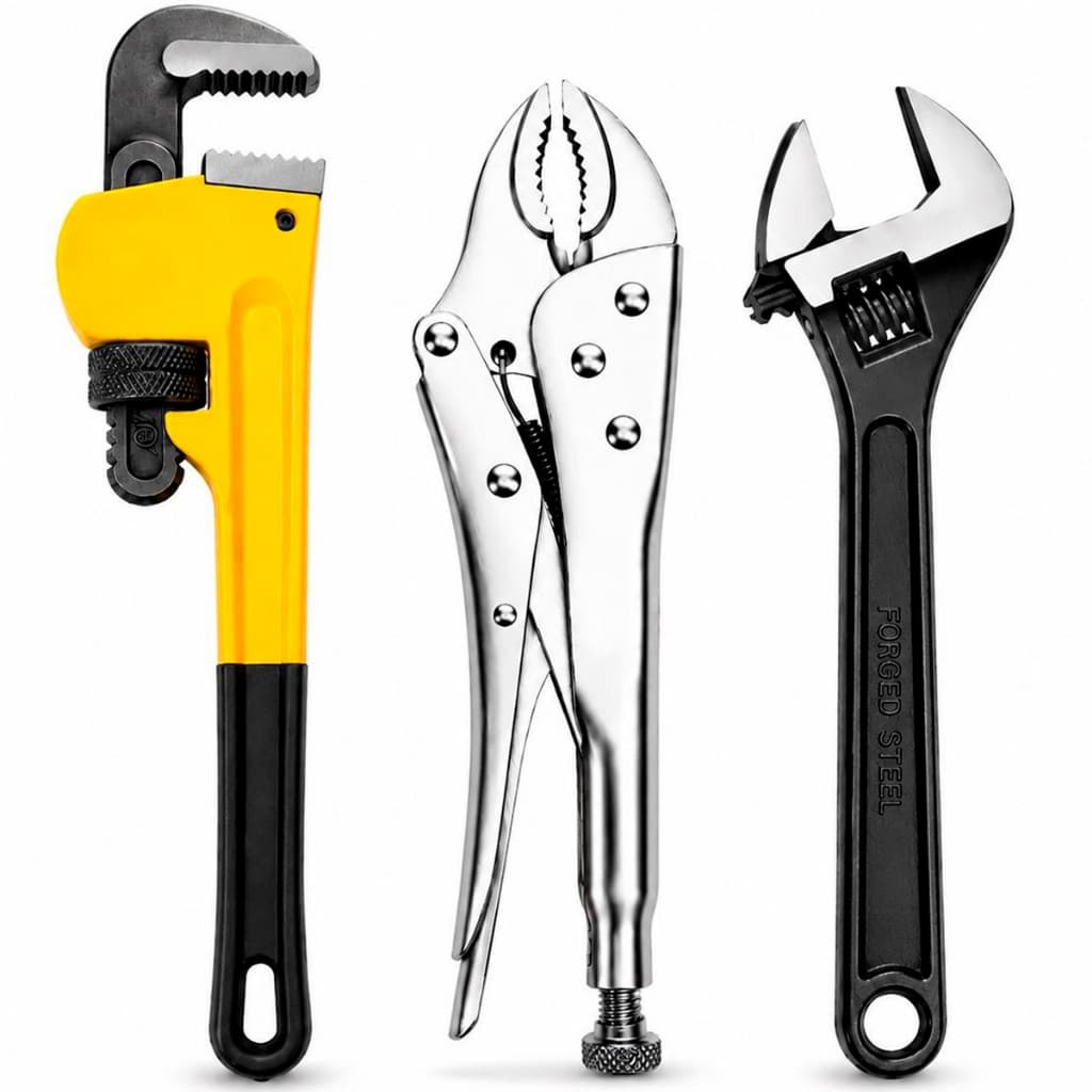 Kit de ferramentas com chave de pipe amarela, alicate de pressão prateado e chave inglesa preta e prata