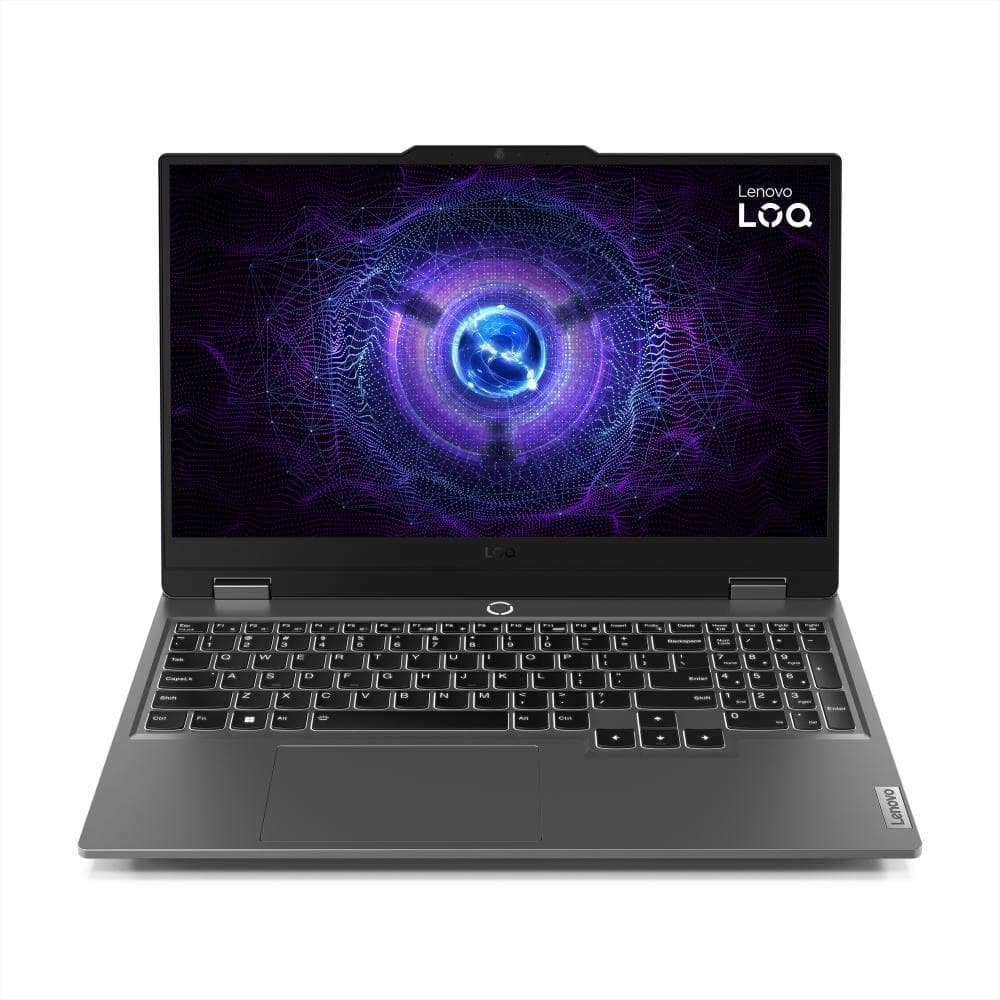 Notebook gamer Lenovo LOQ 15IRX9 aberto com teclado preto e tela com design abstrato roxo e azul