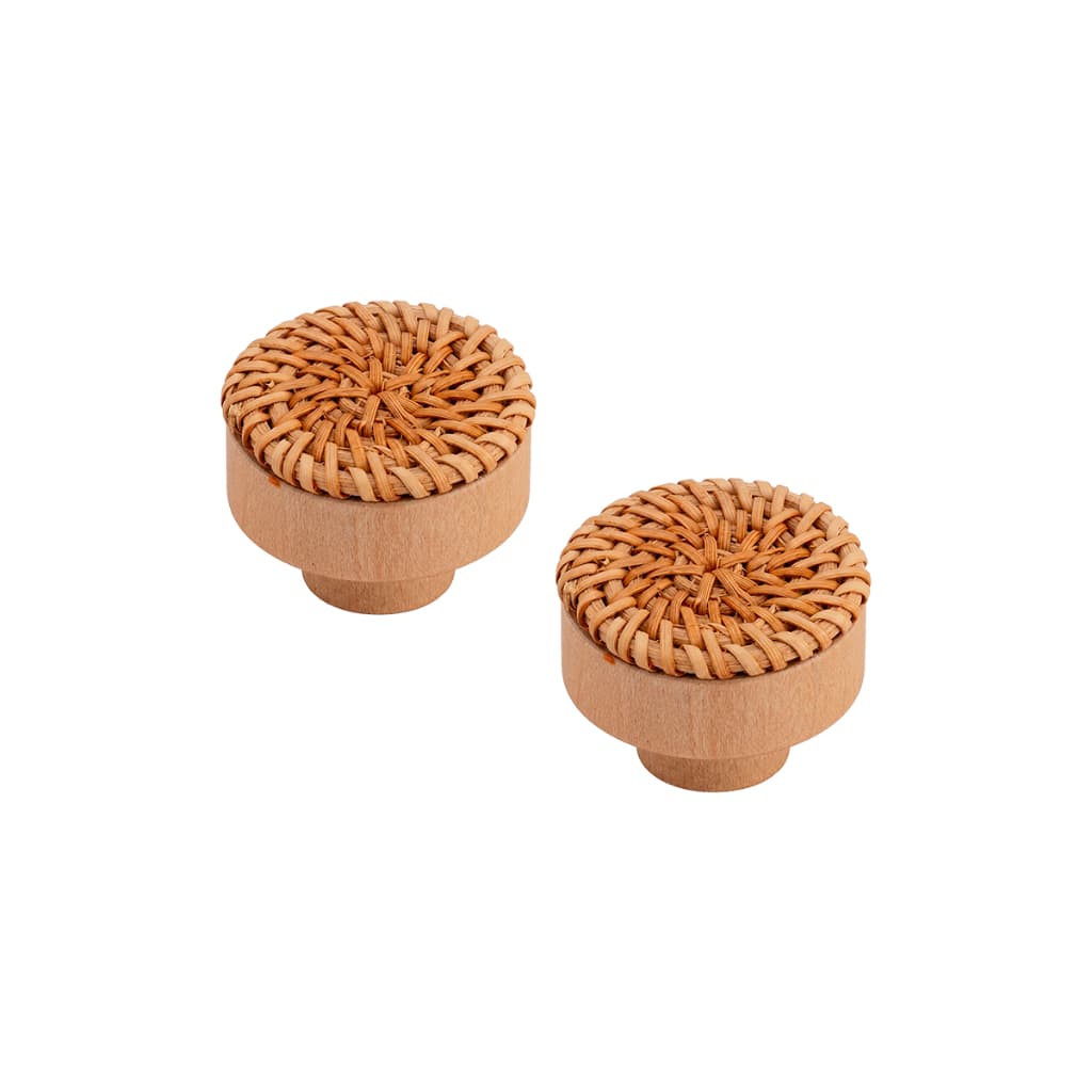 2 Puxadores De Gaveta Rattan Madeira Vintage Fibra Natural