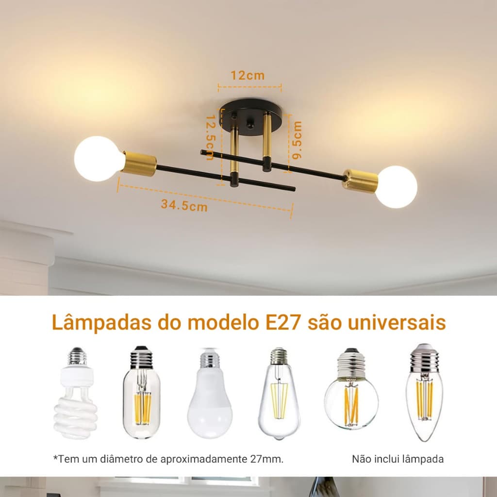 Luminária de teto metálica com três lâmpadas, design 360°, preto e dourado, lâmpadas E27