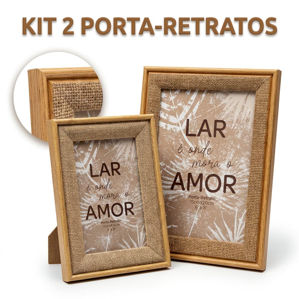 kit 2 Porta Retrato Decorativo Juta 10x15 15x20 Moldura Madeira Rústico Decoração Casa