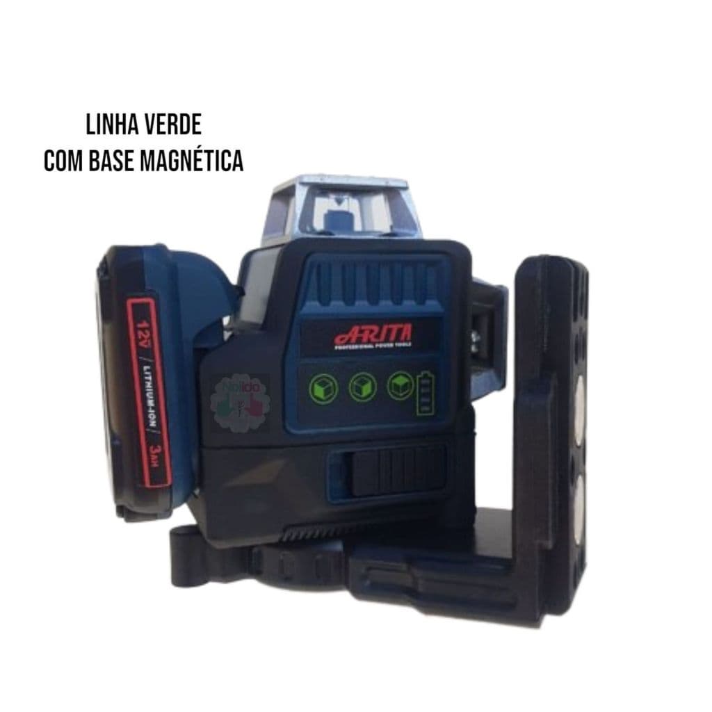 Nível a laser Arita 12 linhas com base magnética, linha verde visível, fundo branco, marca ARITA.