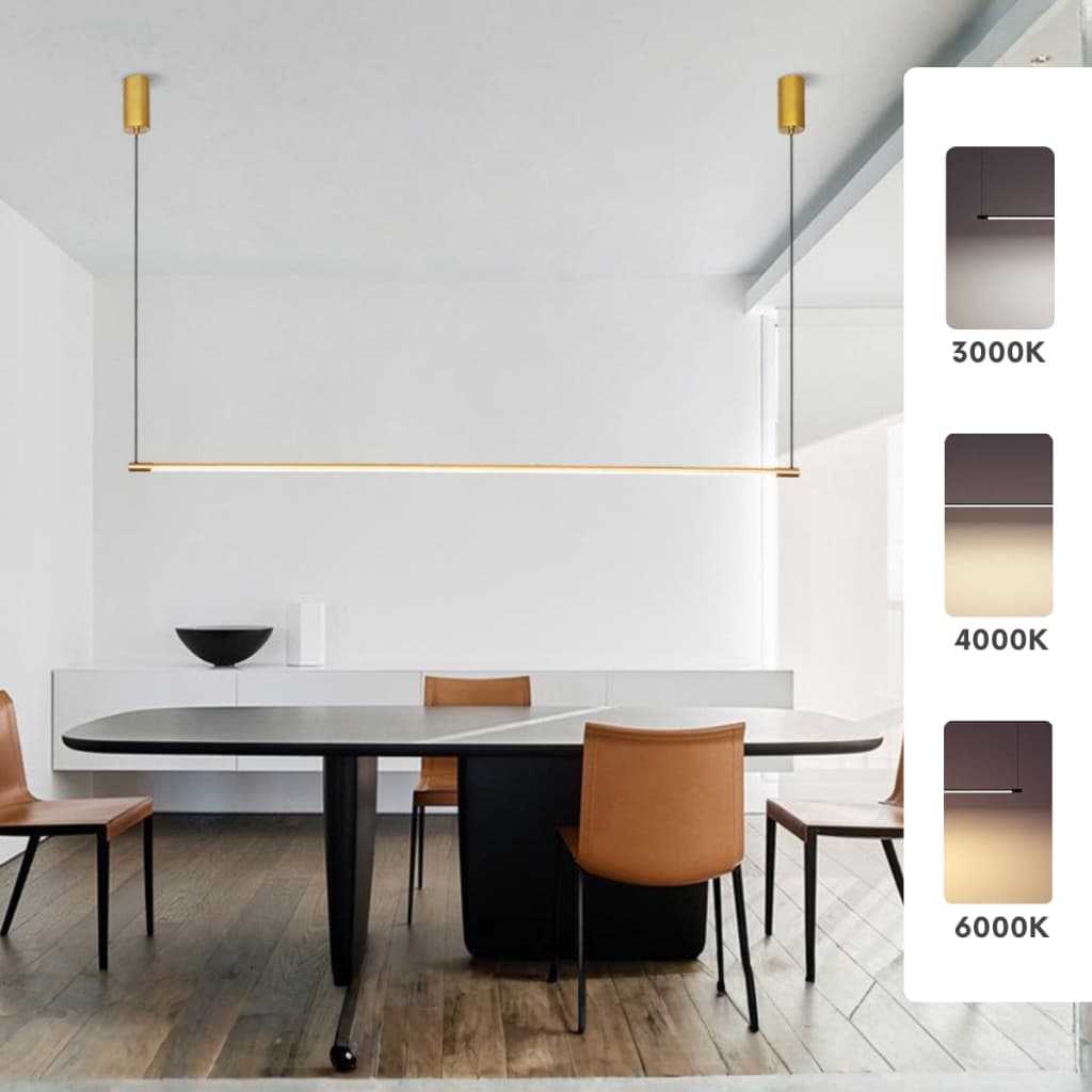 Lustre led moderno linear 3em1 pendente dourado gold bivolt em uma sala de jantar